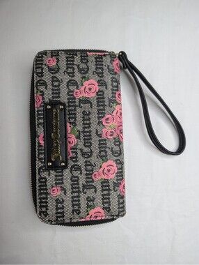 Juicy Couture Pink Roses Logo Print Zip Around Wristlet Wallet